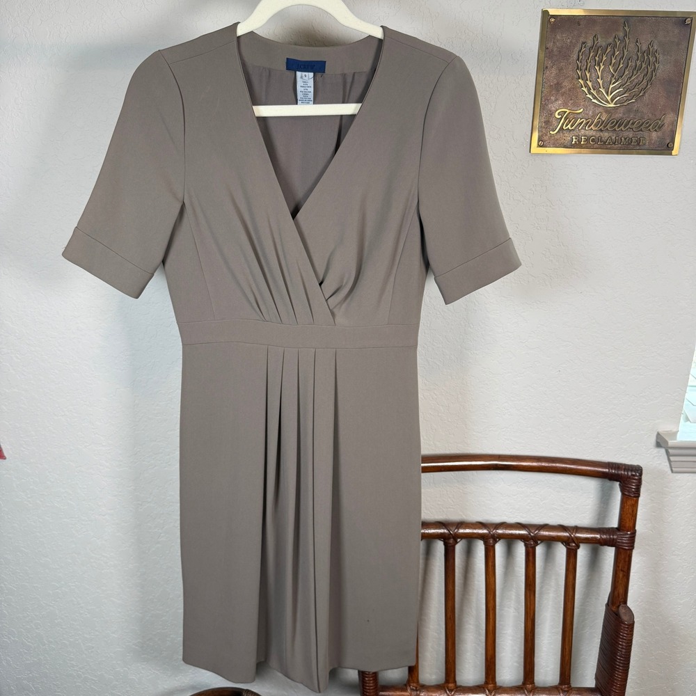 J.Crew Taupe Pleated Surplice V-Neck Short Sleeve Sheath Dress Size 2 SU10‎